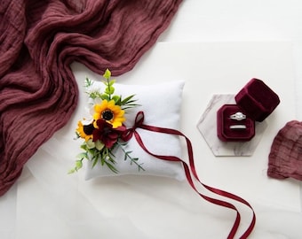 Rustic Sunflower Ring Bearer Pillow – Marsala, Yellow, Ivory Floral Wedding Cushion