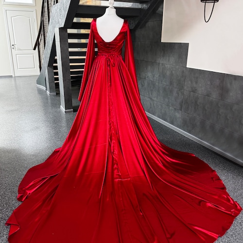 Red Satin Gown: Long Sleeve Custom Dress