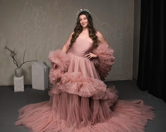 Dusty Pink Tulle Corset Dress: Bridal Photoshoot Gown