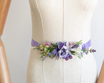 Handmade Lavender Flower Crown and Sash Set, Boho Wedding Hair Accessories