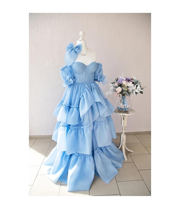 Blue Organza Corset Dress: Ruffle Prom, Sweet 16, Photoshoot