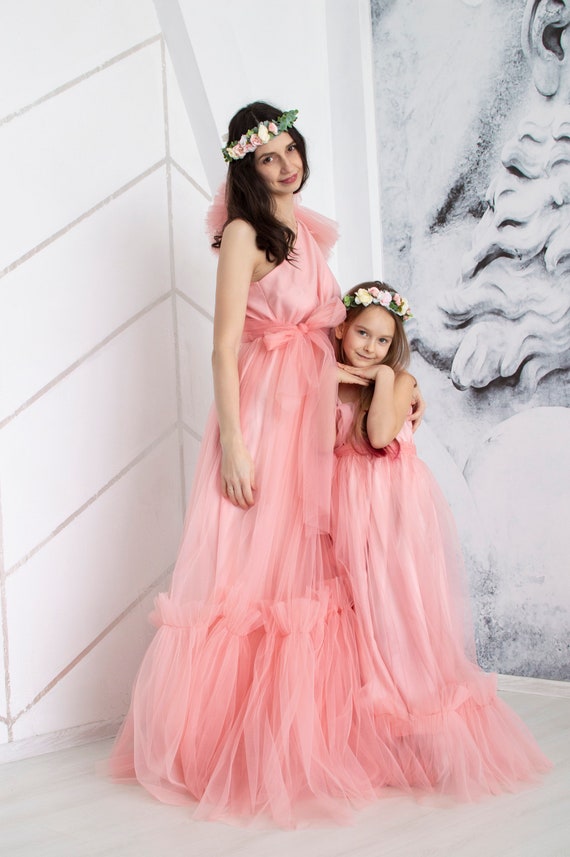 Tulle Dress Mother Daughter Coral Mommy and Me Dress Matching Long