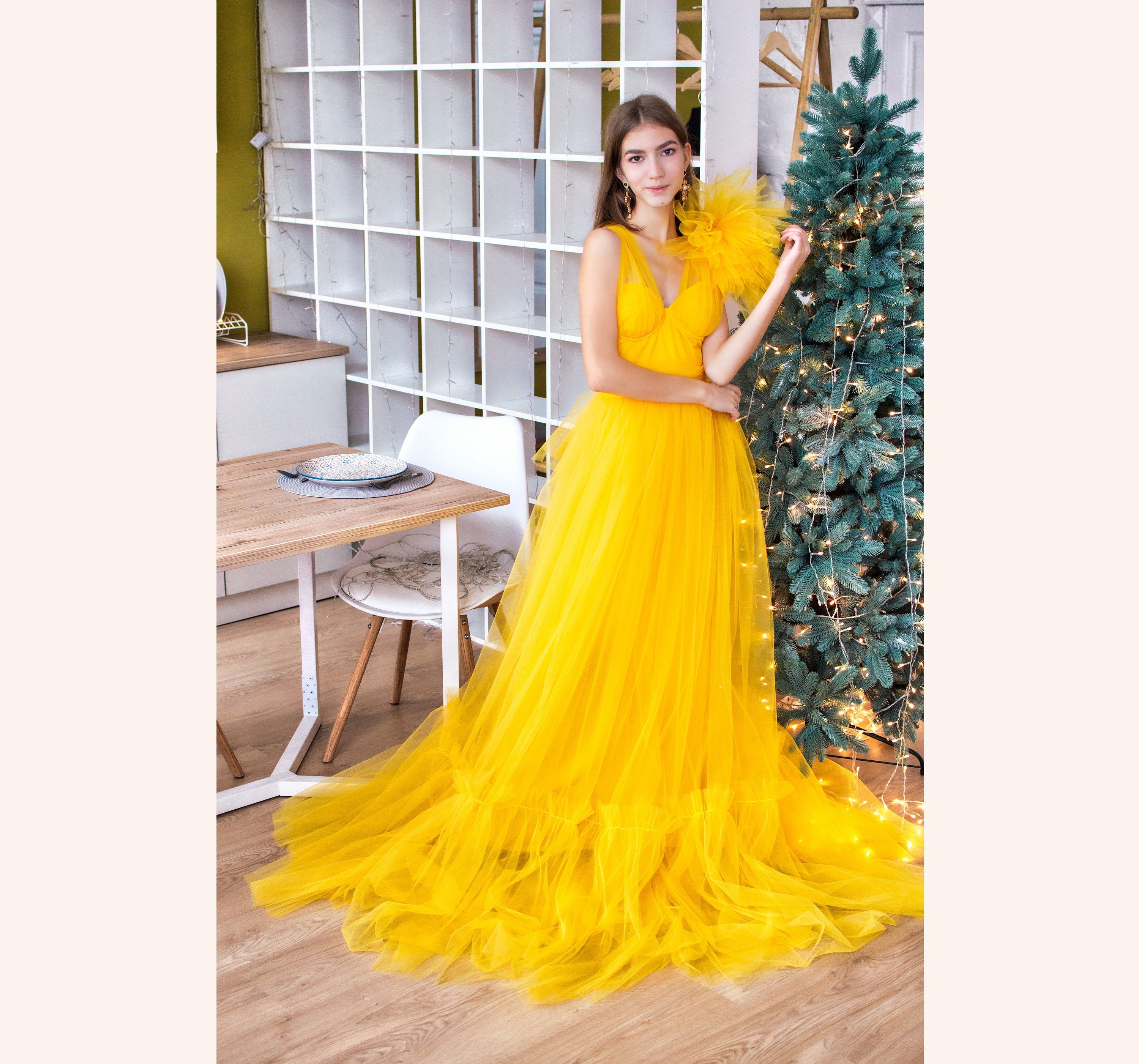 Yellow Tulle Dress: Fluffy Floor Length Gown, Photoshoot