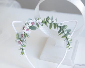 Floral Cat Ears Headband: Boho Eucalyptus, Gypsophila, Whimsical Woodland Photo Prop