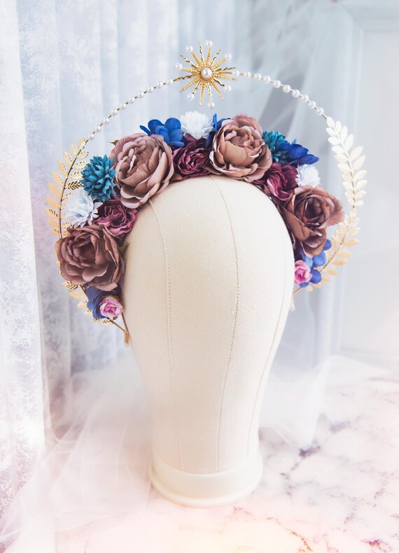 Boho Celestial Flower Crown Gold Sunburst Charm Sunburst Golden Flower Crown Women, Halo Crown Gold Roses  main image 3