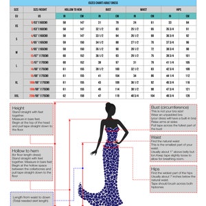 May include: A size chart for adult dresses with measurements in inches and centimeters. The chart includes measurements for bust, waist, hips, and hollow to hem. The chart is illustrated with a silhouette of a woman wearing a dress.