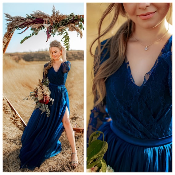 Long sleeve bridesmaid dress Dark Blue dress Prom Dress Navy Tulle dress Rustic wedding Dress Prom Dress Long Navy tulle dress Party dress