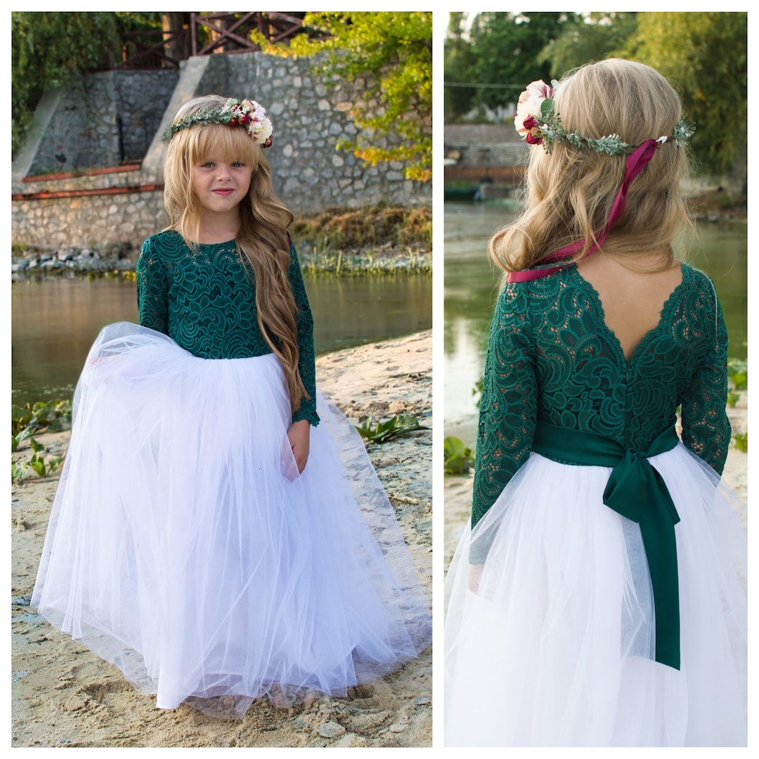 Long Sleeve Flower Girl Dress Emerald Flower Girl Dress Emerald Lace