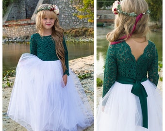 Long sleeve flower girl dress Emerald flower girl dress Emerald lace flower girl dress Flower girl lace dress Green flower girl dress
