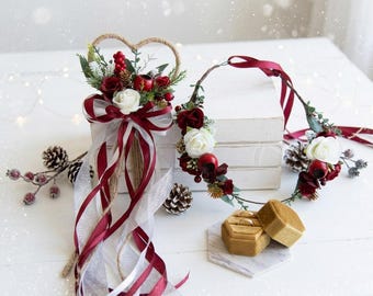 Burgundy Winter Wedding Flower Girl Wand and Crown Set, Marsala Roses, Silver Accents