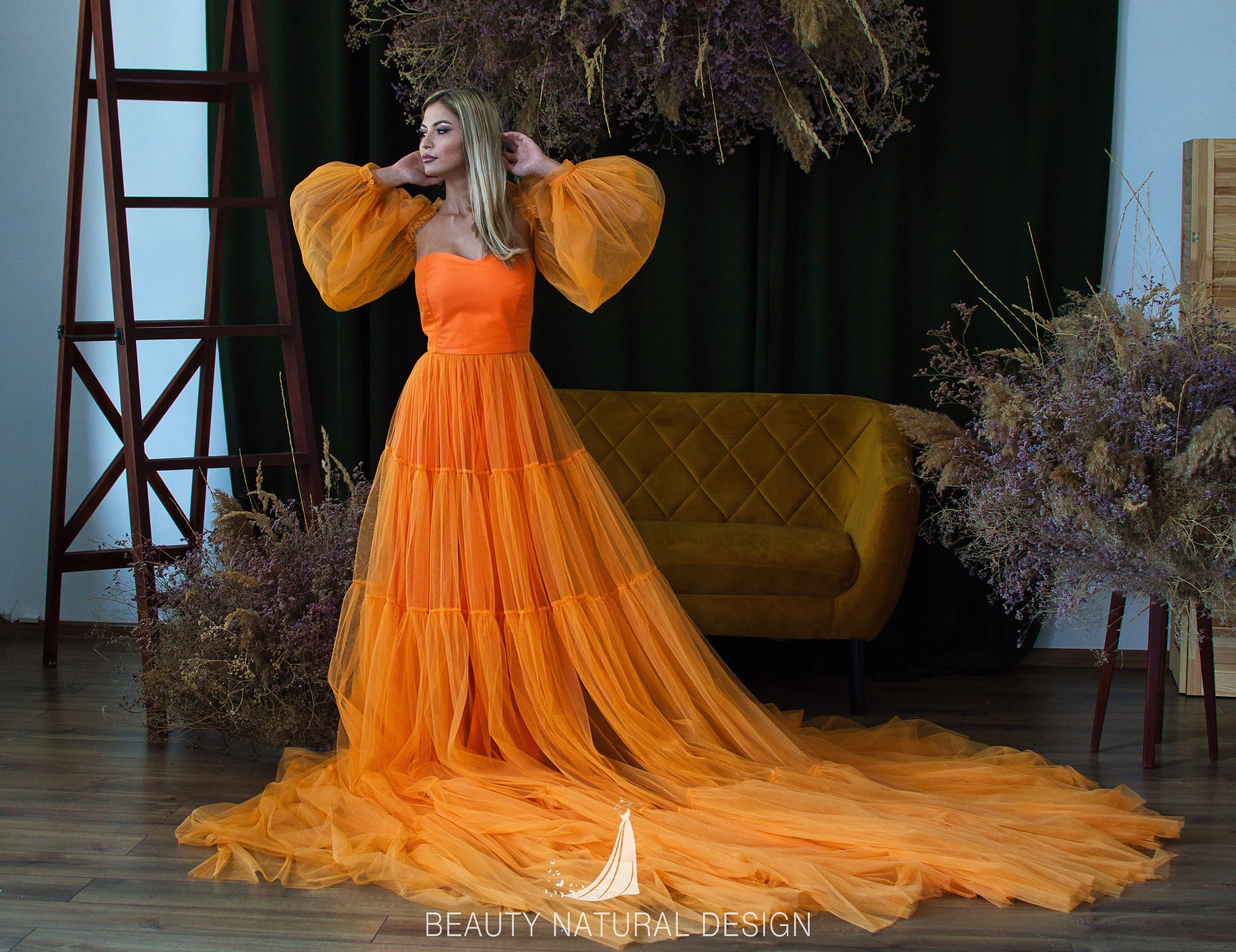 orange tulle couture dress Orange Ruffled Tulle Prom Dress with Removable Sleeves and High Slit 22295 Custom Colors / US0