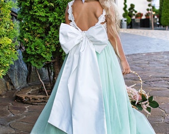 Sage Green Tulle Flower Girl Dress: Lace Bodice, Milk Color Bow