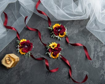 Sunflower and Burgundy Wrist Corsage, Rustic Fall Bridesmaid Flower Bracelet, Artificial Wedding Floral Wristlet