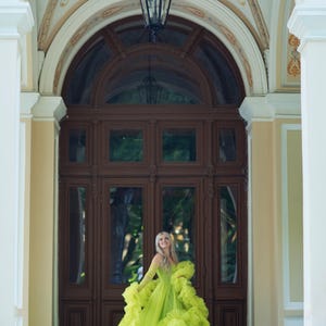 Olive Green Non Traditional Wedding Dress, Voluminous Corset Tulle Gown with Train and Matching Gloves, Editorial Photoshoot Dress, Prom image 2