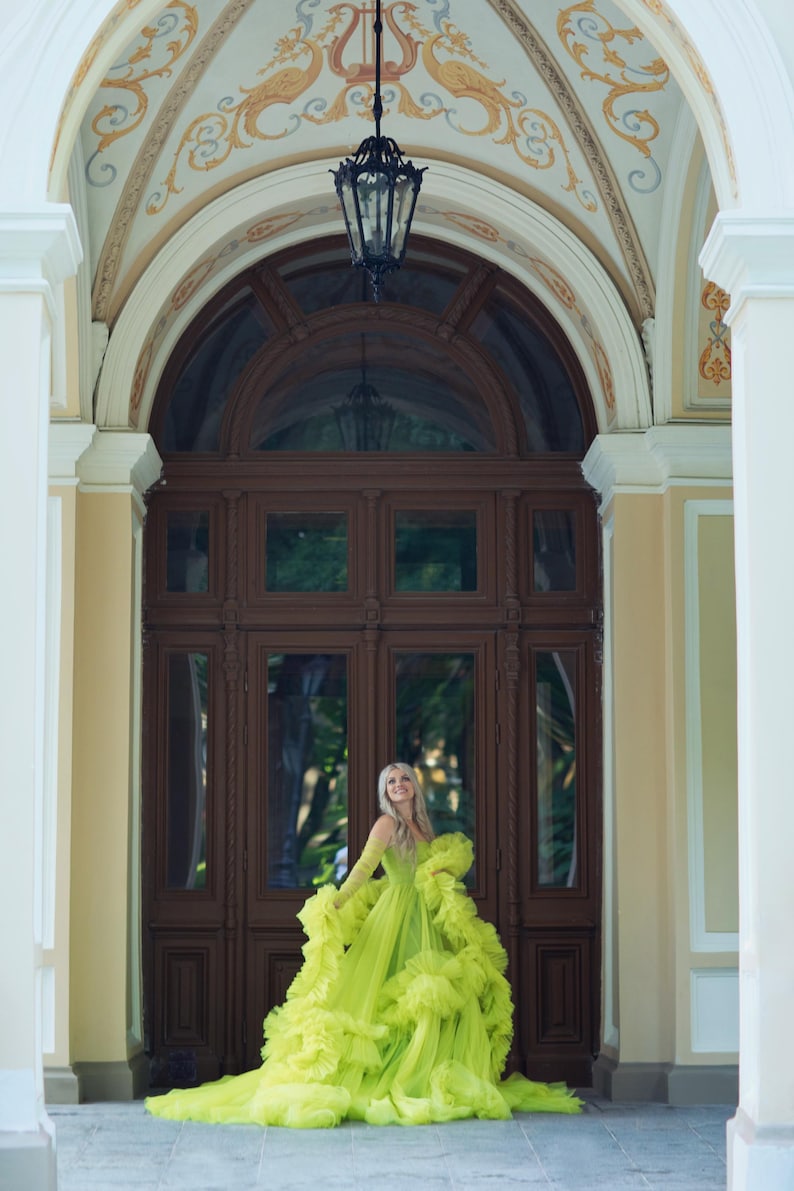 Olive Green Non Traditional Wedding Dress, Voluminous Corset Tulle Gown with Train and Matching Gloves, Editorial Photoshoot Dress, Prom image 2