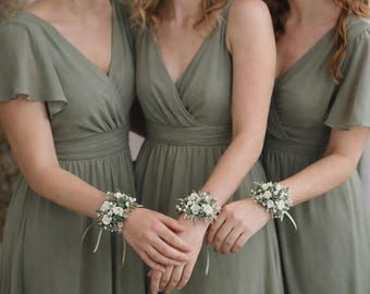 Sage Green Flower Corsage Bracelet - Rustic Wedding, Flower Girl