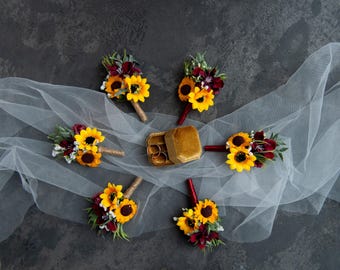 Rustic Sunflower Boutonniere, Burgundy Accent, Fall Wedding