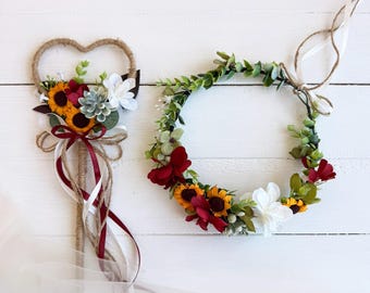 Burgundy and Sunflower Flower Girl Wand & Floral Crown Set Rustic Boho Wedding Accessories Maroon Yellow Ivory Flower Headpiece Fall Wedding