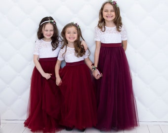 Burgundy Lace Flower Girl Dress: Tulle Wedding Party Dress