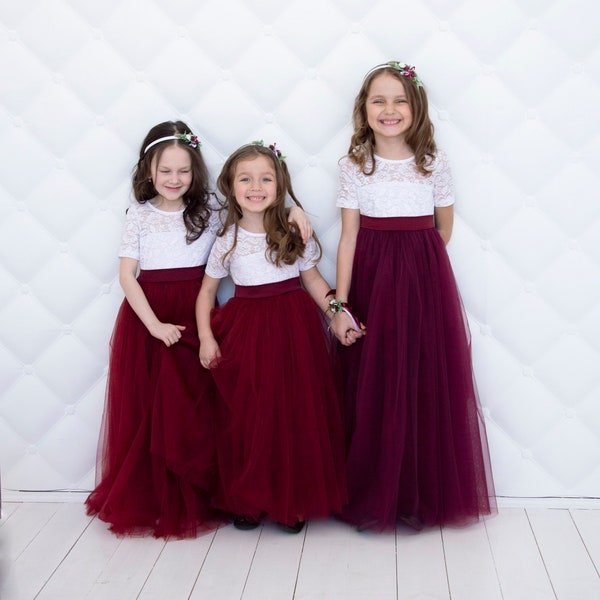 Flower girl dress Wedding girl dress Lace girl dress Junior bridesmaid dress Birthday dress Burgundy girl dress Baby dress Girl party dress