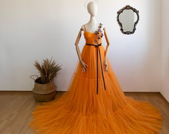 Sun Moth Orange  Butterfly Tulle Dress Fluffy Prom Gown Elegant Fairy Photo Shoot Dress Custom Size Wedding Guest Dress Colorful Butterflies