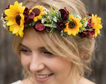 Sunflower Flower Crown, Burgundy Fall Wedding Headpiece
