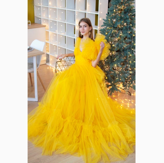 Yellow Tulle Dress: Fluffy Floor Length Gown, Photoshoot Dress