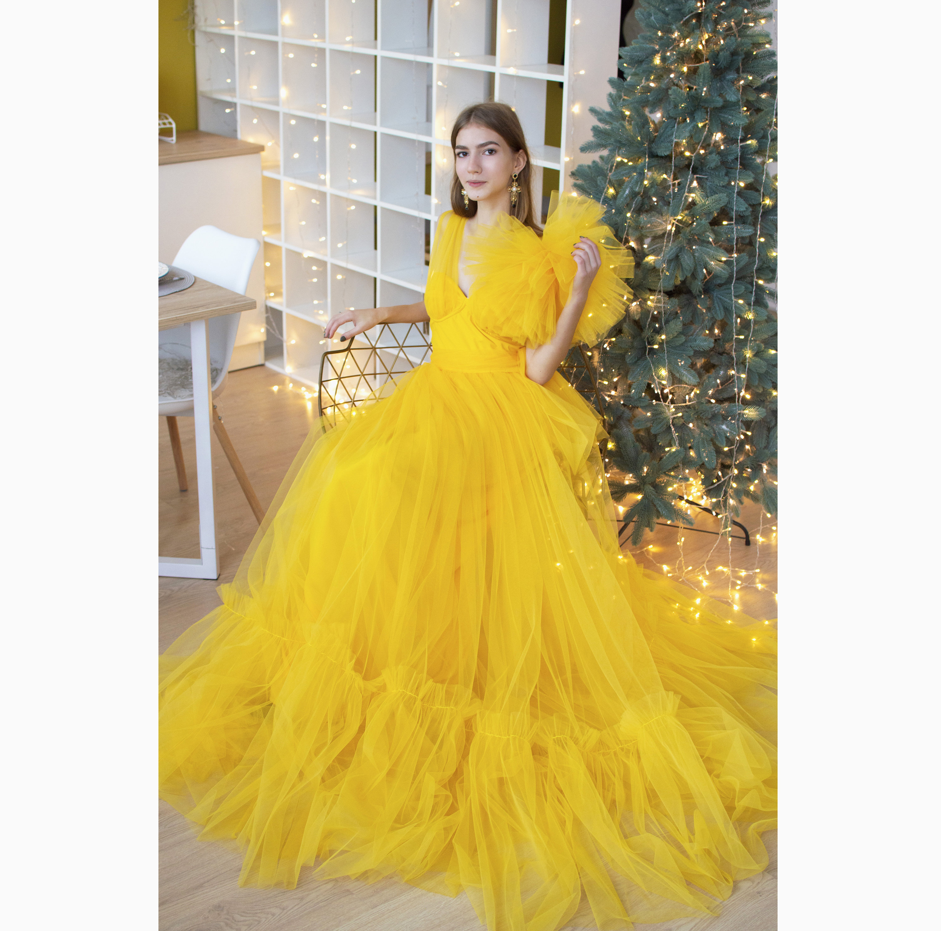 リルアーLERURE Ruffle tulle airydress yellow Ruffle tulle airy dress|LE'RURE