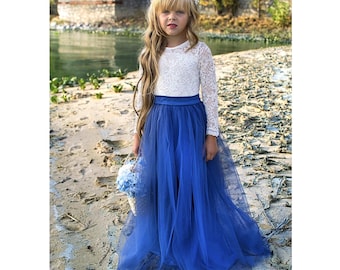 Dusty Blue Lace Flower Girl Dress: Long Sleeve Tulle Gown