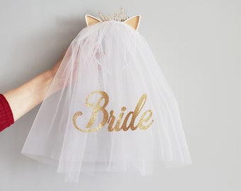 Bachelorette Party Crown Bridal Party Crown Bride party headband Cat ears with veil Party Veil Bridal Party bow Bride tribe headband