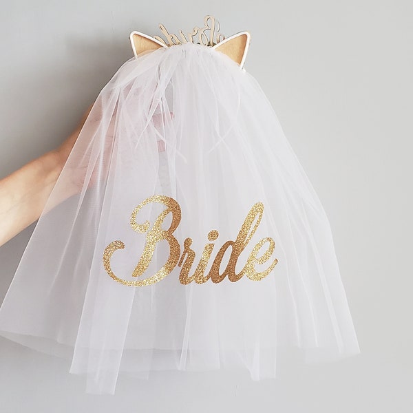 Bachelorette Party Crown Bridal Party Crown Bride party headband Cat ears with veil Party Veil Bridal Party bow Bride tribe headband