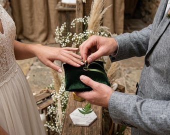 Dark Green Velvet Ring Pillow, Boho Rustic Wedding Decor, Handmade Ring Bearer Cushion