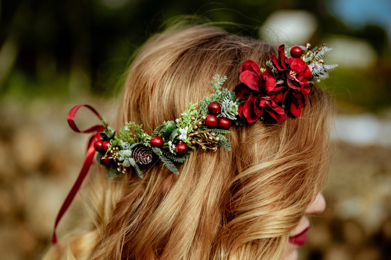 Winter hair crown Winter hair wreath Winter bridal crown Winter wedding crown Woodland hair crown Forest crown Red hair wreath Woodland image 2