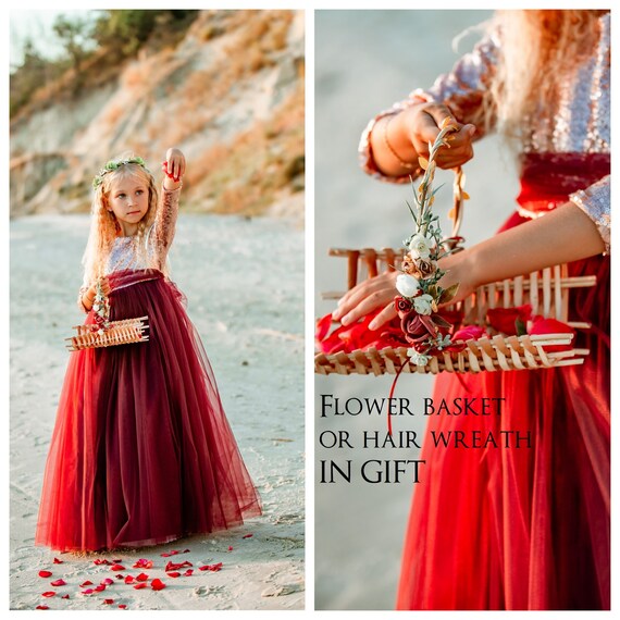 burgundy and rose gold flower girl dress