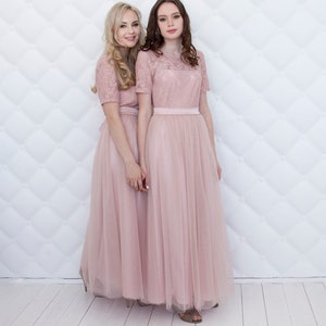 tulle surplice bridesmaid dress with lace back Dusty Blue Lace Tulle Jewel Neck Long Bridesmaid Dress