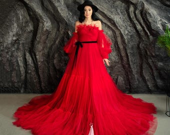 long sleeve red tulle dress Red Beads Tulle Ball Wedding Dress Long Sleeve Lace-up Fully Covered Bridal Gown