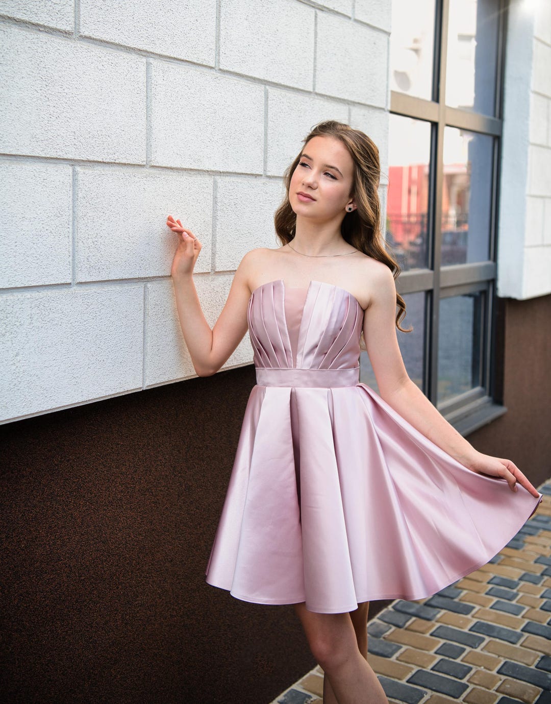 Handmade Blush Satin Dress: Corset Back, Party Cocktail