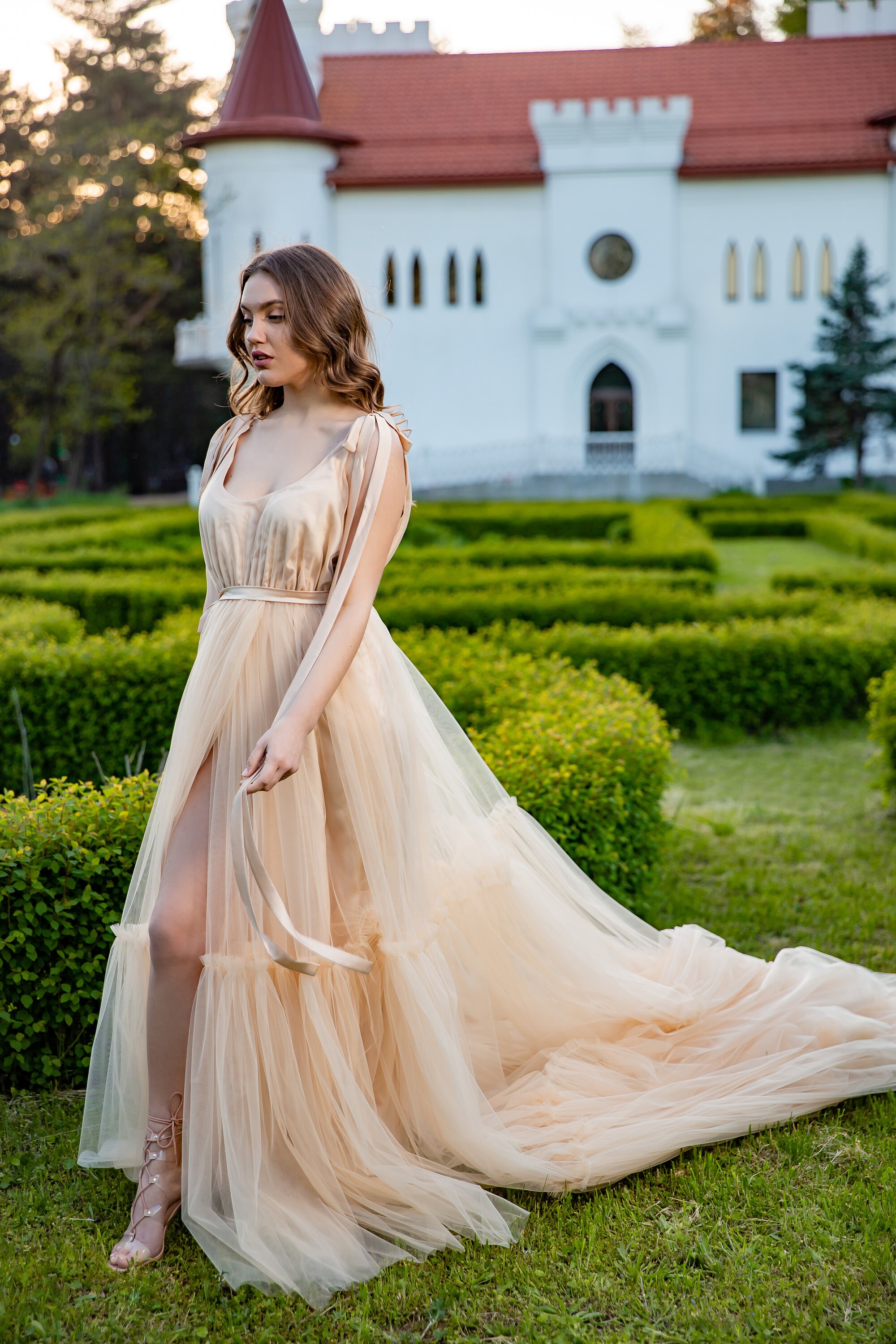 Extra Long Tulle Dress With Train Peach Tulle Dress Tulle Etsy