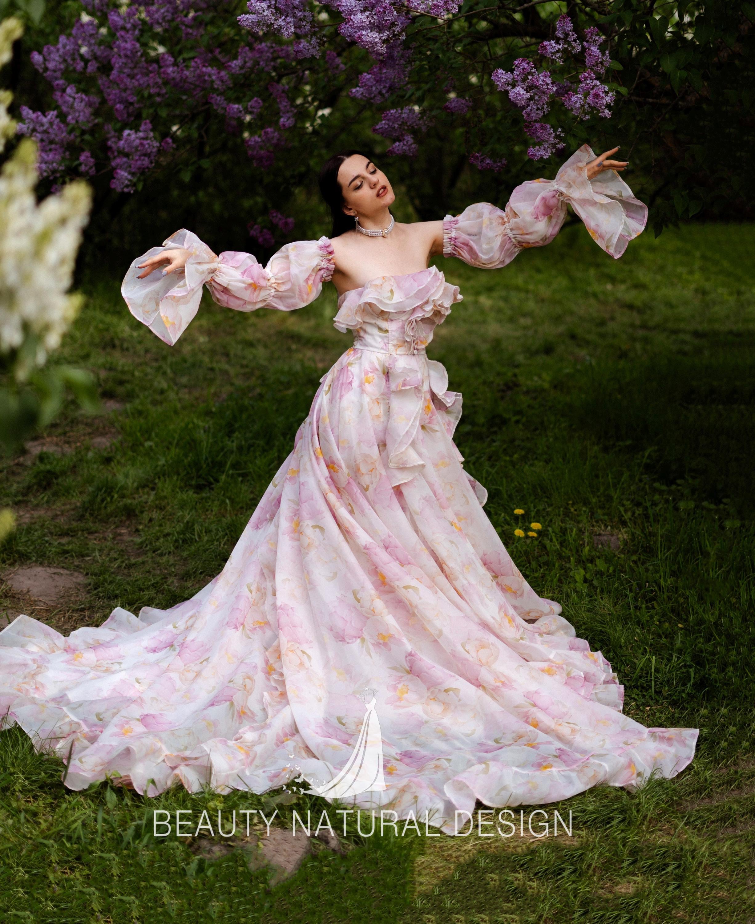 Romantic Floral Organza Gown: Detachable Sleeves, Boho Botanical Dress -  Etsy
