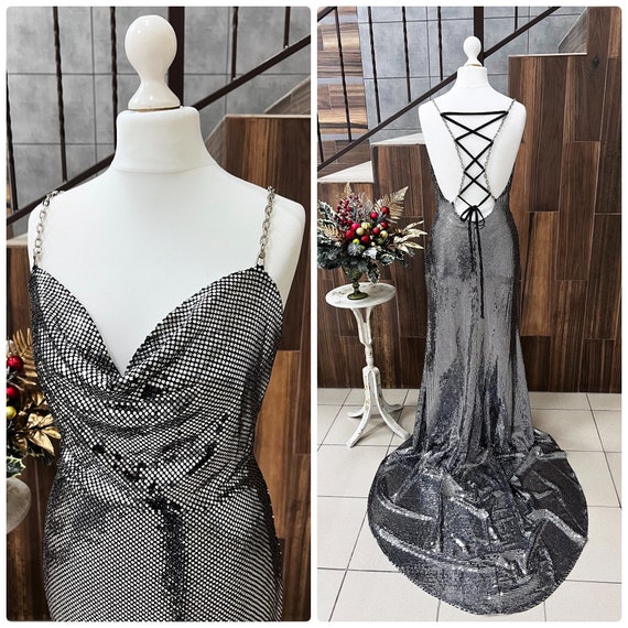 Formal evening dress Black sequin dress Black dress with chains Stretch dress with sequins Black sequin dress Luxurious women s dress