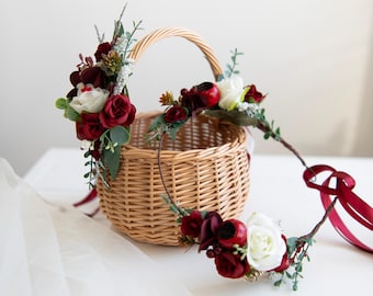 Burgundy Winter Flower Girl Basket and Wreath Set, Christmas Wedding Floral Crown