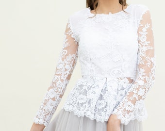 Floral Lace Bridal Crop Top: Long Sleeve Wedding Basque