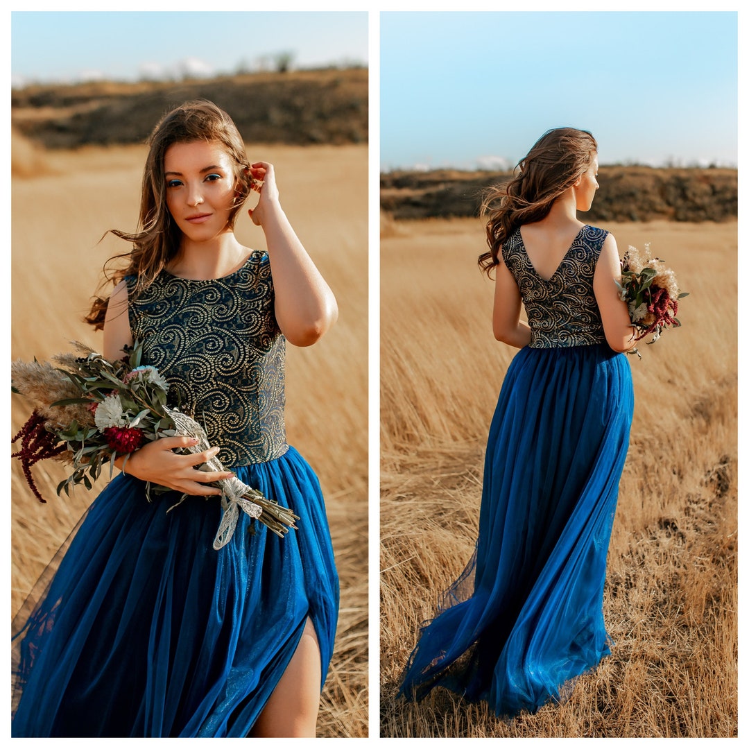 Bridesmaid dress Gold bridesmaid dress Navy bridesmaid dress Evening dress Gold long dress High leg slit dress Blue long dress Navy dress
