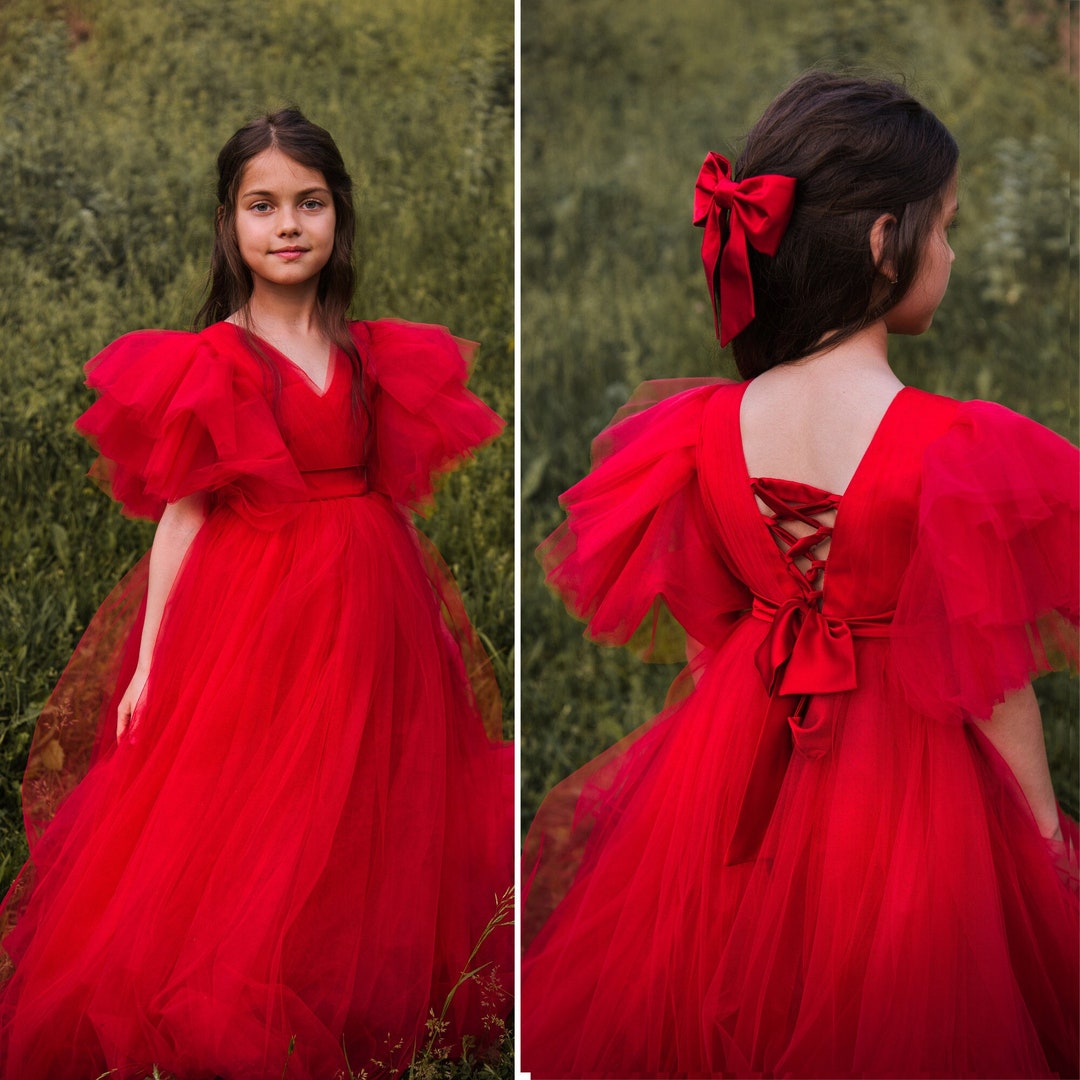 Red Flower Girl Dress Red Girl Dress Red Birthday Dress Red Princess