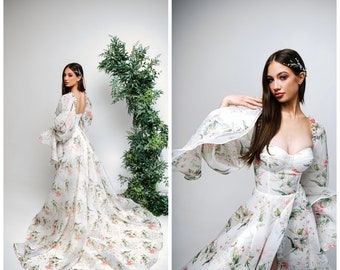 Elegant Floral Bridal Dress for Rustic Wedding - Handcrafted Rustic Wedding Gown, Botanical wedding dress with long train