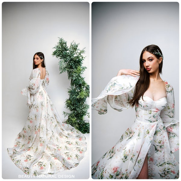 Elegant Floral Bridal Dress for Rustic Wedding - Handcrafted Rustic Wedding Gown, Botanical wedding dress with long train