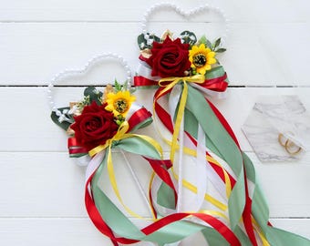 Burgundy Sunflower Wedding Flower Girl Wand, Rustic Boho Flower Girl Bouquet Alternative, Fall Wedding Flower Wand, Heart Fairy Wand Ribbon