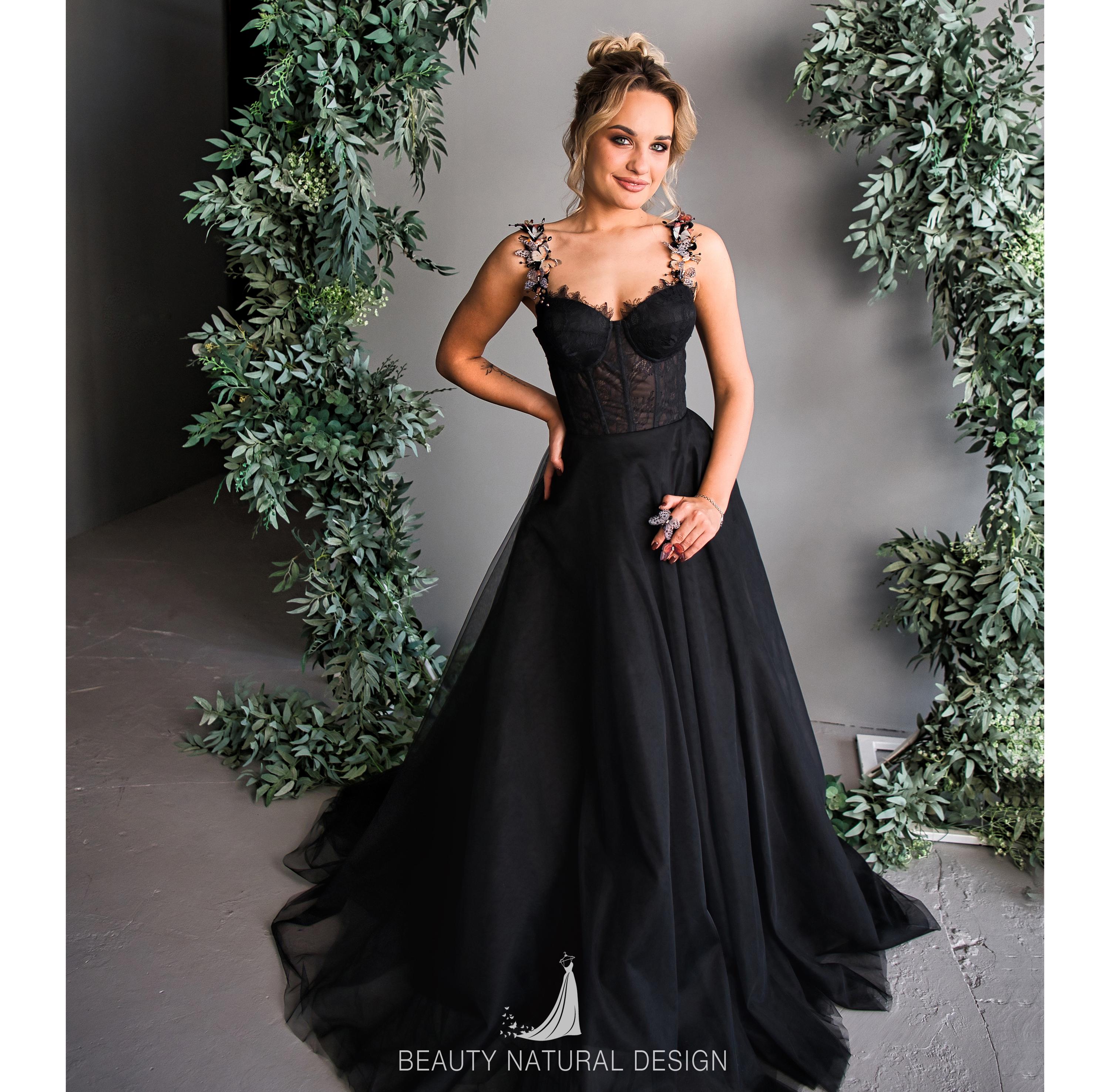 Black Tulle Corset Dress: Handmade Butterfly Bridal Gown Black Tulle Corset Dress: Handmade Butterfly Bridal Gown
