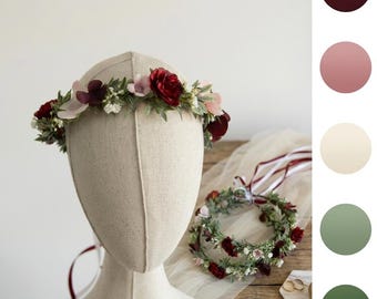 Burgundy Flower Girl Crown, Rustic Boho Wedding Hair Wreath, Dusty Pink Floral Headpiece, Adjustable Flower Crown Adult Child, Marsala Tiara