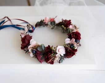 Burgundy Navy Dusty Pink Floral Crown – Boho Rustic Wedding Headpiece